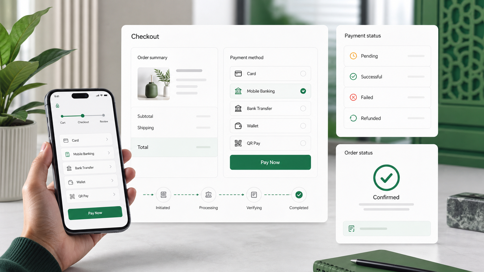 Abstract checkout interface with payment status cards and mobile payment flow